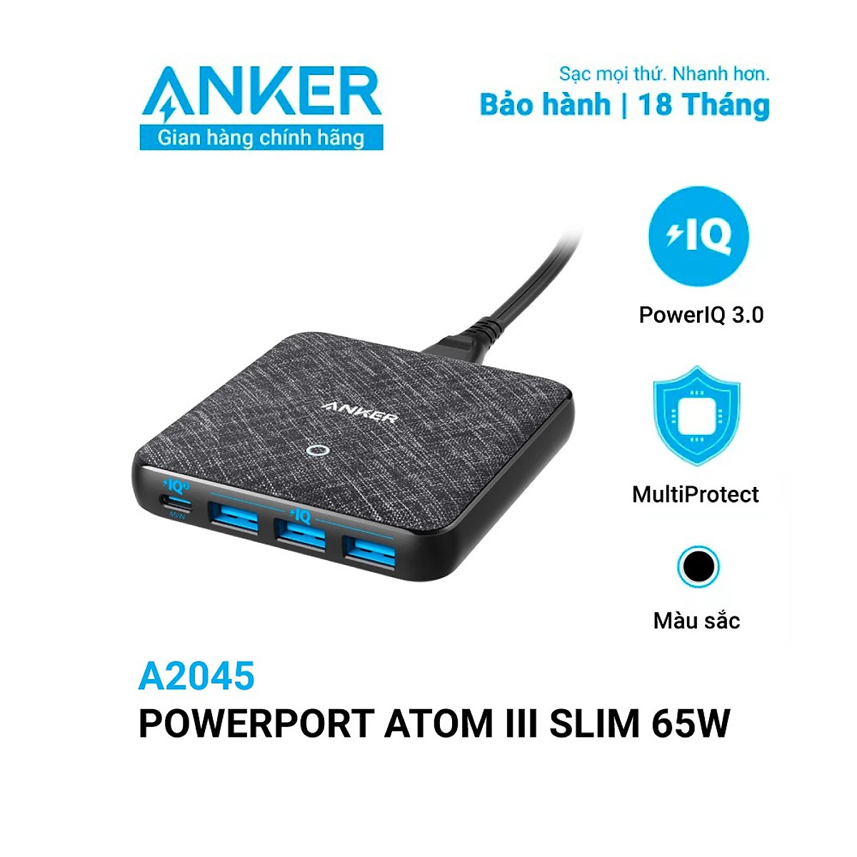 Adapter Sạc 4 Cổng Anker PowerPort Atom III Slim 65W PIQ 3.0 & GaN Tích Hợp USB Type-C Hỗ Trợ Sạc Nhanh - A2045
